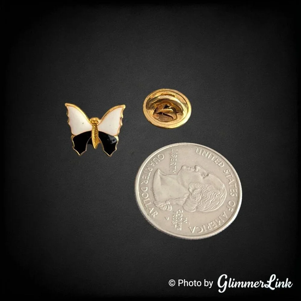 Vintage Dainty Black & White Enamel Butterfly Gold Tone Lapel Pin / Tie Tack